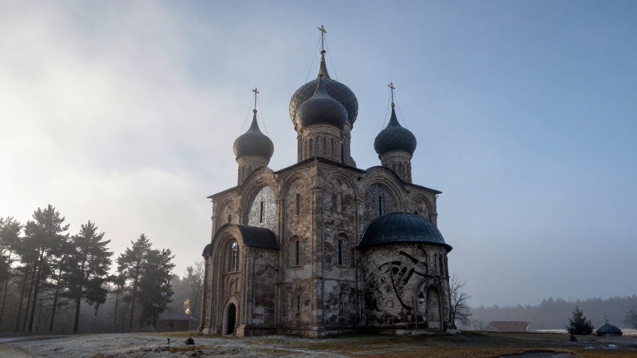 Iglesia ortodoxa eslava de piedra con cúpulas de bulbo situada en un paisaje boscoso envuelto en niebla al amanecer.