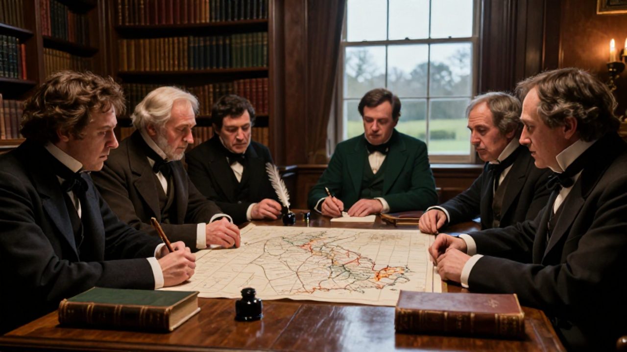 Grupo de hombres victorianos con vestimenta de época deliberando intensamente sobre un mapa de distritos electorales británicos en un estudio formal.