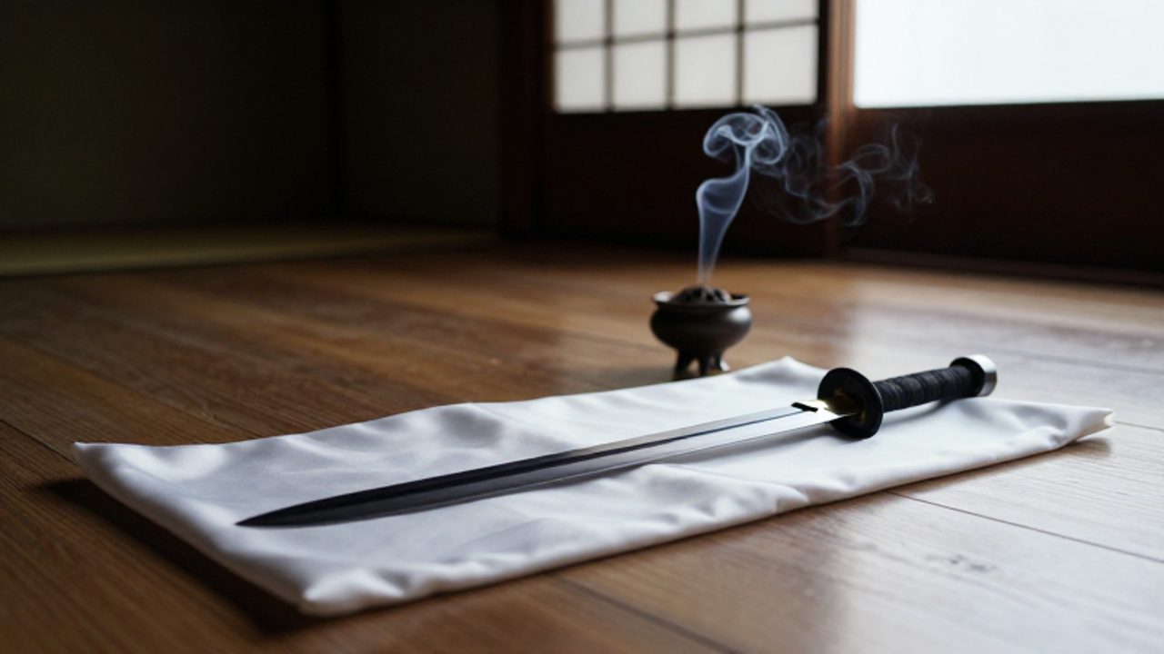 Una daga tanto descansa sobre una tela de seda blanca junto a un quemador de incienso en una habitación zen minimalista.