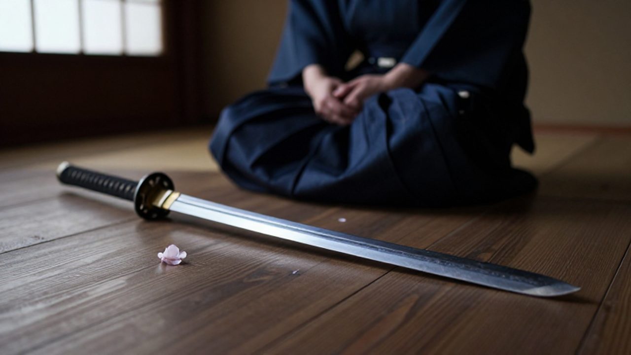 Una katana reposa sobre el suelo de madera de un dojo mientras un samurái medita en un fondo desenfocado.