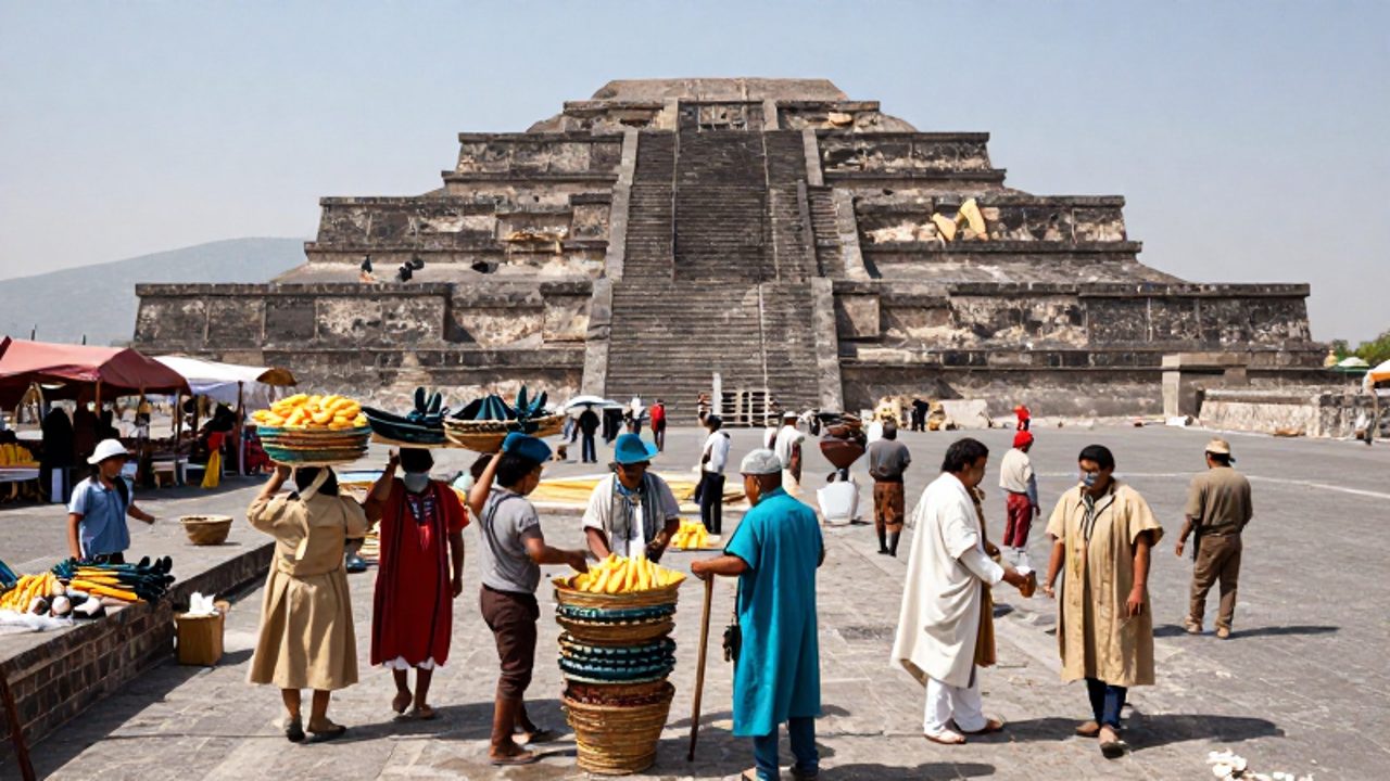 Trabajadores aztecas transportan mercancías y herramientas en un mercado organizado junto a la gran pirámide de Tenochtitlan.
