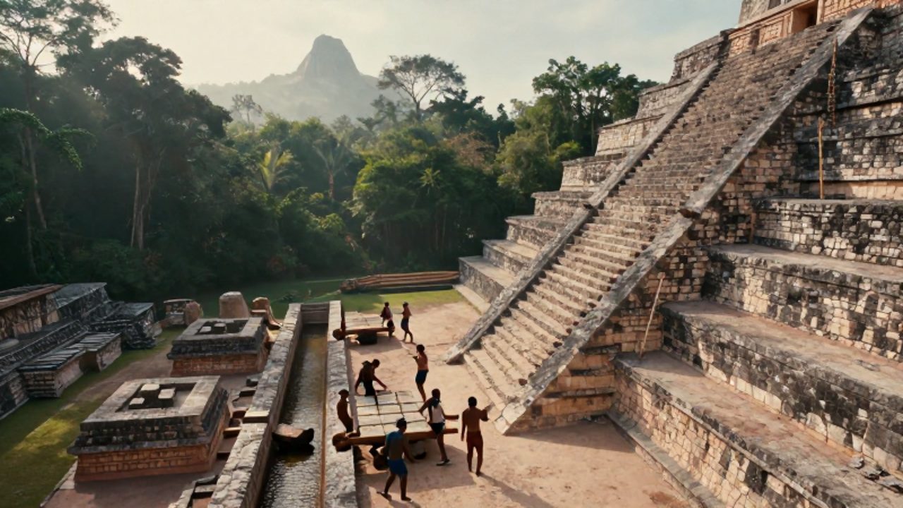 Trabajadores mayas tallando y transportando bloques de piedra para la construcción de un templo en medio de una selva tropical.