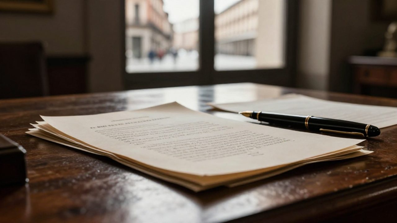 Documentos parlamentarios y una constitución junto a una pluma fuente sobre un escritorio de madera en una oficina gubernamental de los años 30.