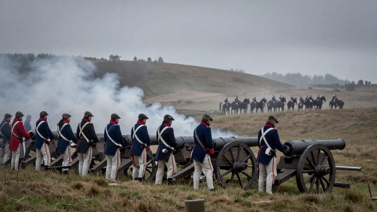 Infantería prusiana con uniformes azules y rojos posicionada tras cañones y fortificaciones en un campo de batalla cubierto por la niebla.