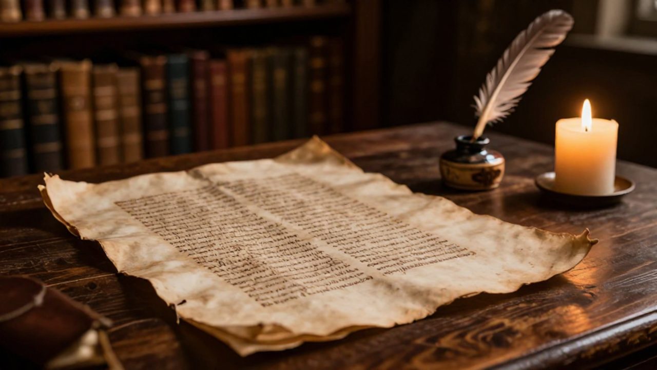 Manuscrito antiguo con caligrafía en latín sobre una mesa de madera en un escritorio medieval junto a una pluma y una vela.