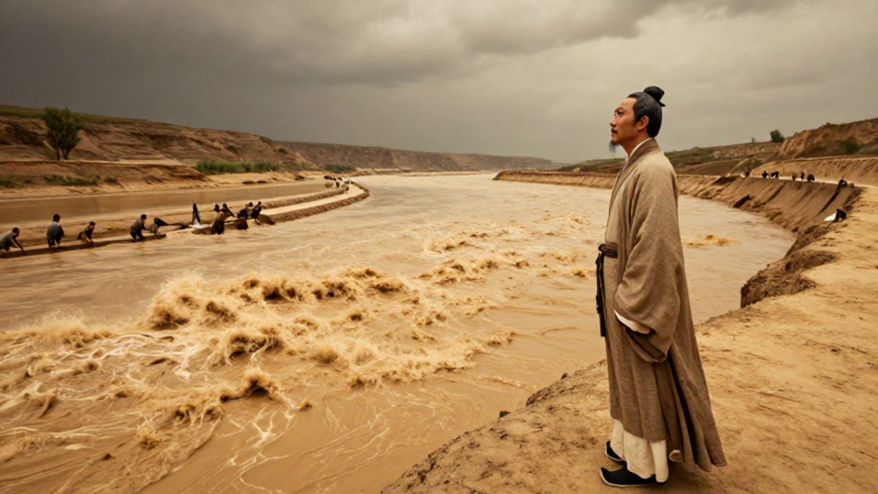 Un líder de la China antigua observa desde un terraplén el cauce turbulento y sedimentario de un río mientras trabajadores construyen diques a lo lejos.