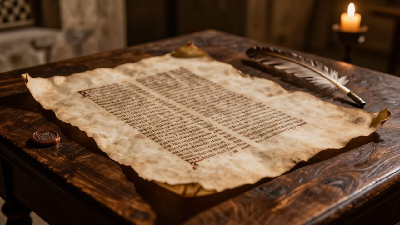 Manuscrito antiguo sobre una mesa de madera que muestra una mezcla de escritura latina con runas germánicas y letras góticas.