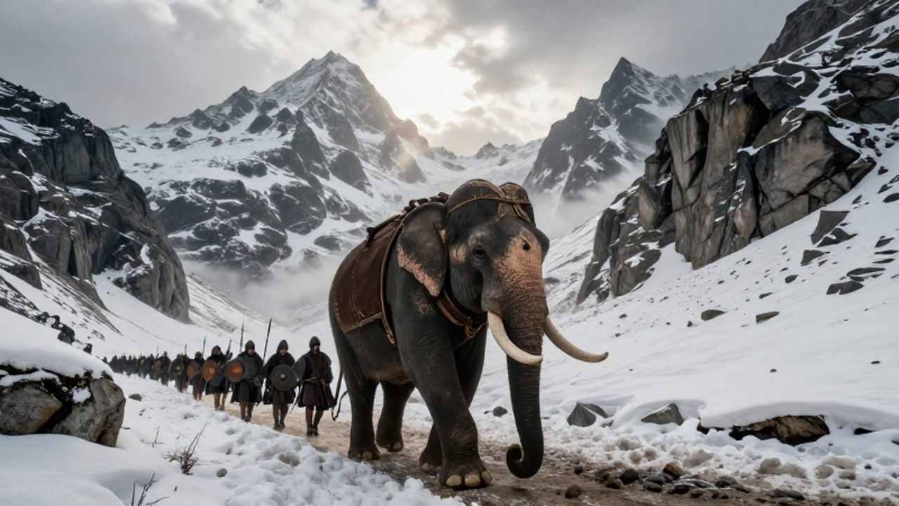 Un elefante de guerra cartaginés lidera una columna de soldados a través de un estrecho paso de montaña nevado en los Alpes.