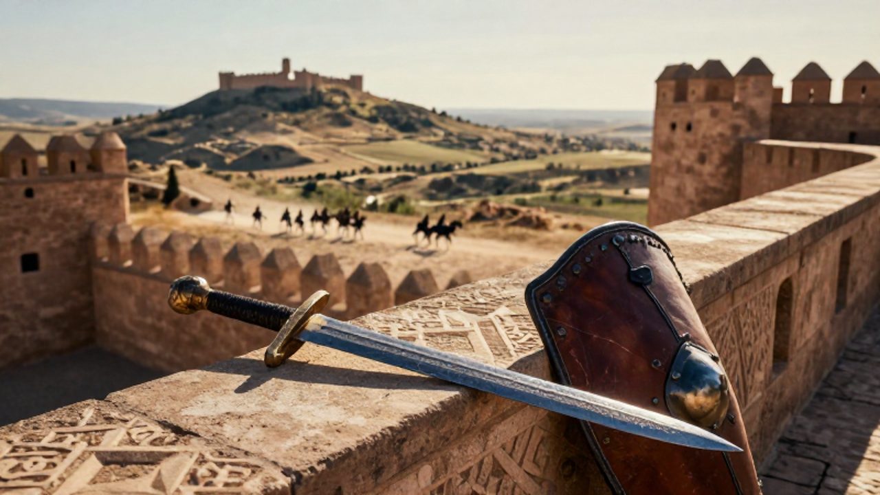 Espada de hierro y escudo de cuero apoyados en la muralla de una fortaleza morisca con un valle medieval y una unidad de caballería al fondo.