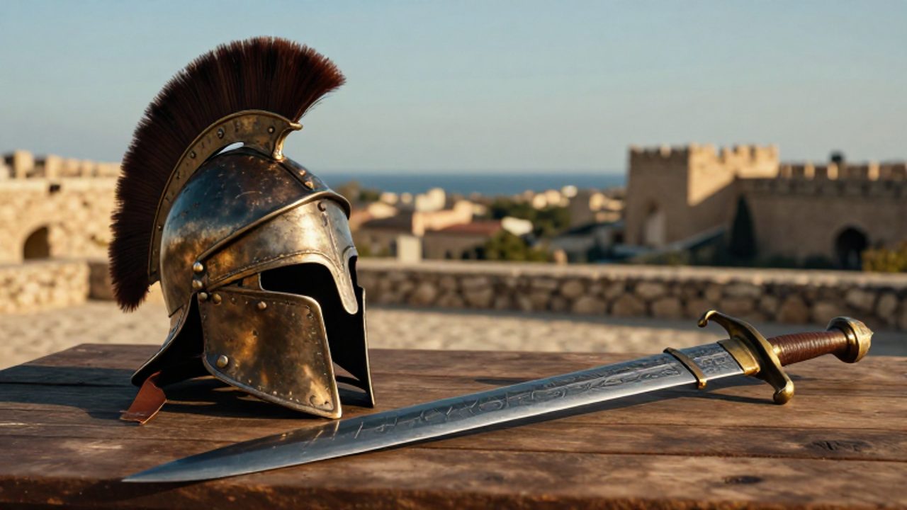 Un casco romano y un gladius junto a una cimitarra de acero damasquinado sobre una mesa de madera, con un paisaje de fortificaciones antiguas al fondo.