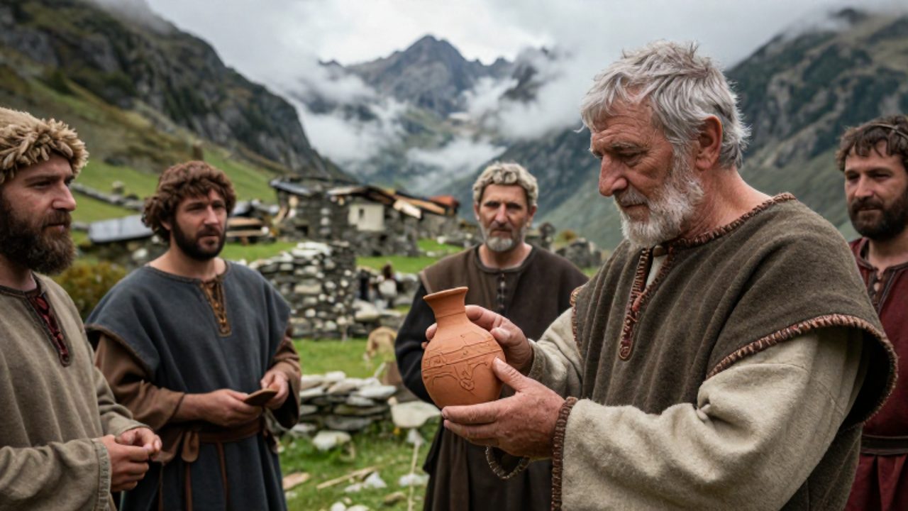 Un anciano vascón con vestimenta de lana tradicional examina una vasija romana durante un intercambio cultural en un paisaje montañoso.