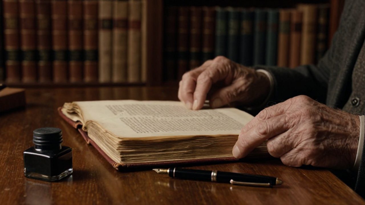 Manos de un académico pasan las páginas de un antiguo manuscrito en una biblioteca histórica junto a una pluma moderna.