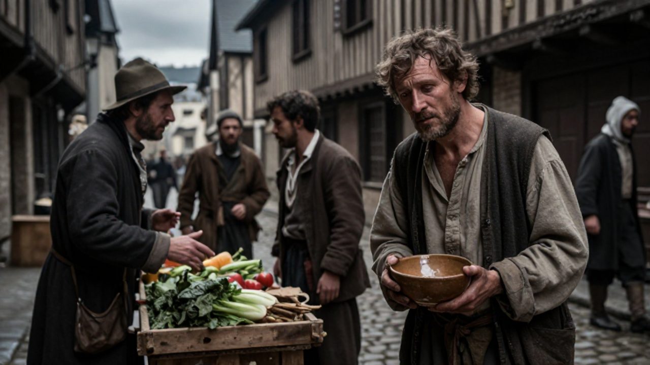 Campesinos y un comerciante con aspecto de agotamiento y hambre en una calle estrecha y sombría de la Francia del siglo XVII.