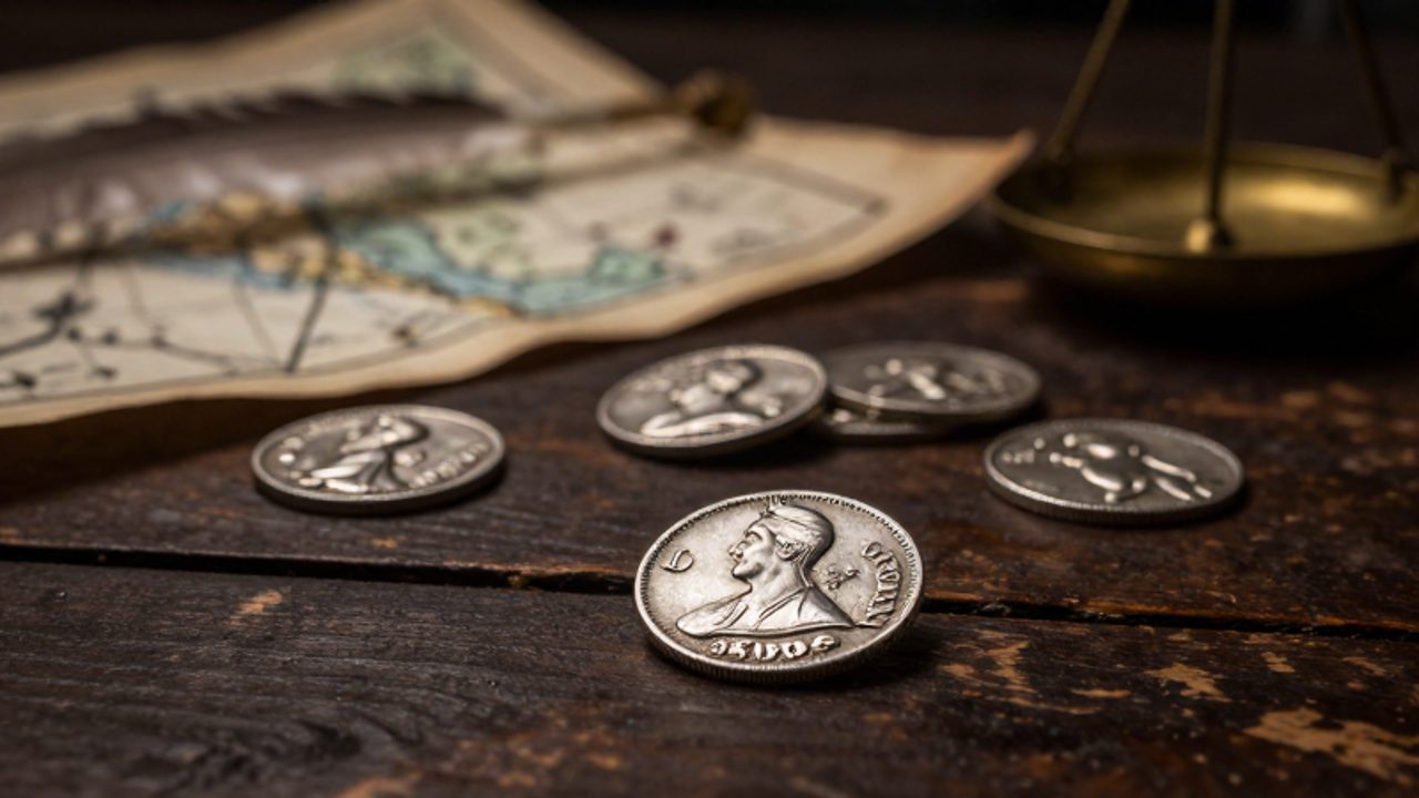 Monedas de plata del siglo XVI esparcidas sobre una mesa de madera junto a mapas antiguos y una pluma en un entorno de comercio histórico.