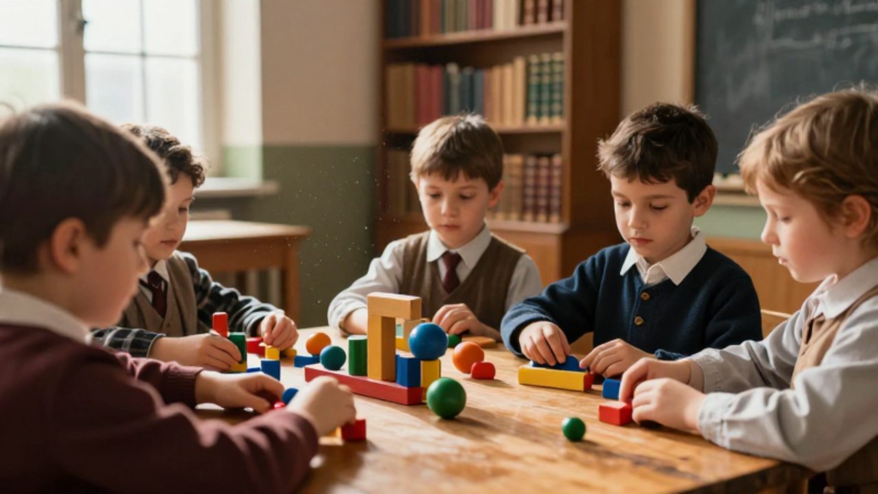 Niños en un aula del siglo XIX manipulando bloques de madera de colores sobre una mesa de madera.