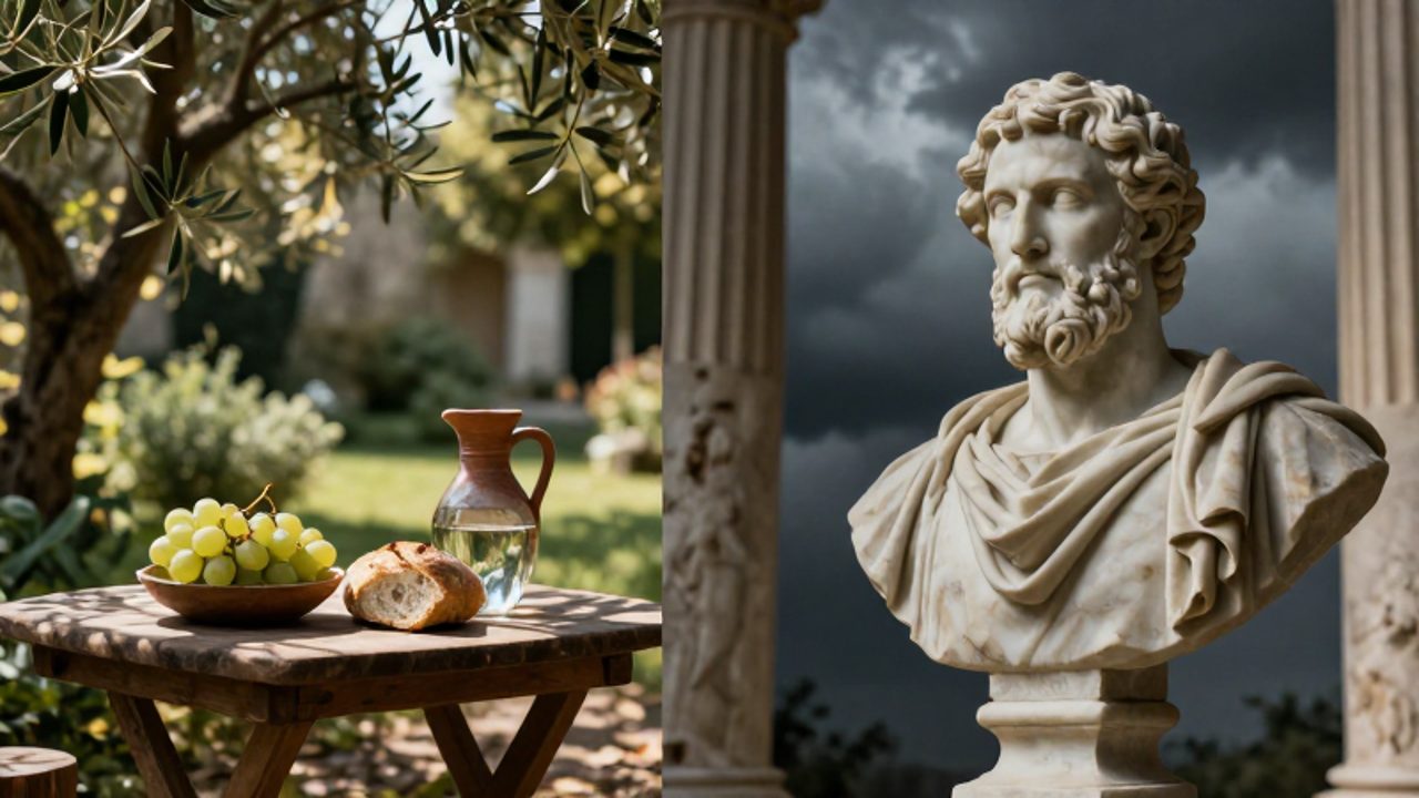 Composición dividida que contrasta un jardín tranquilo con comida sencilla bajo la luz del sol frente a un busto de mármol de un filósofo ante columnas de piedra y un cielo tormentoso.