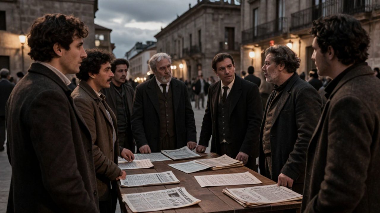 Grupo de obreros e intelectuales de finales del siglo XIX discutiendo con tensión alrededor de una mesa con periódicos en una plaza urbana bajo una luz tenue.