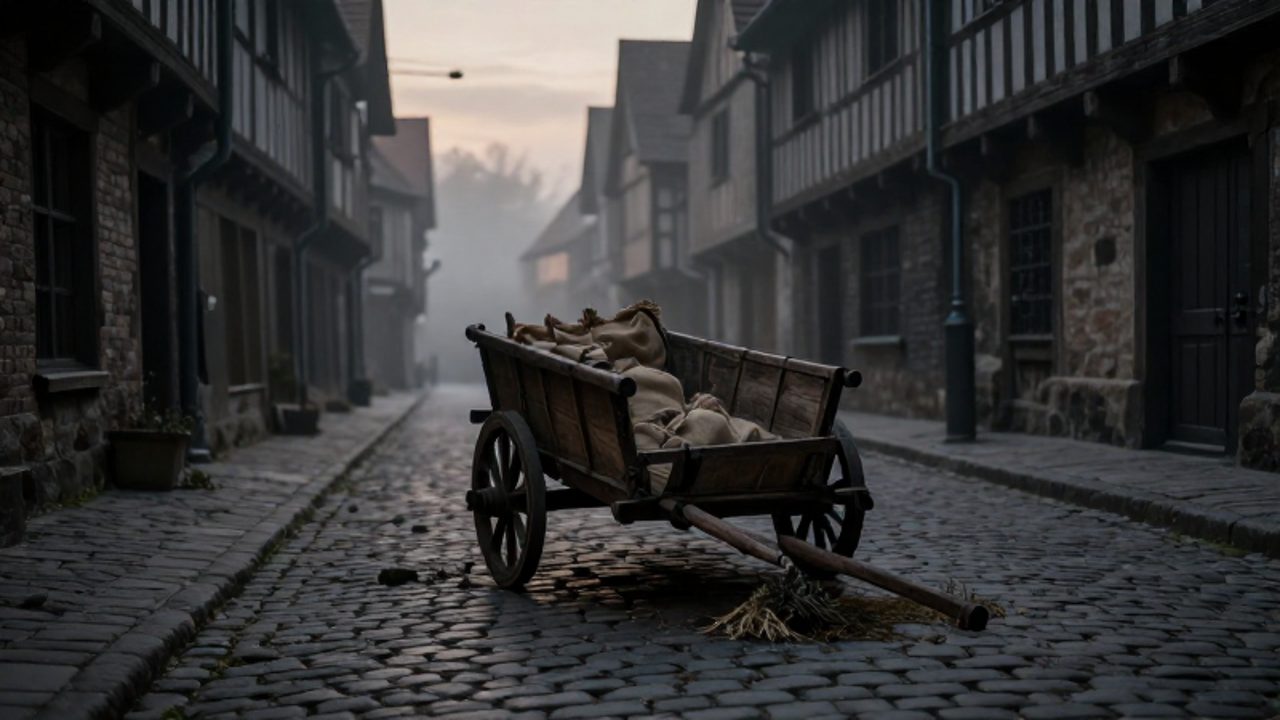 Callejón medieval desierto al atardecer con un carro de mercancías volcado sobre el empedrado bajo un cielo nublado.