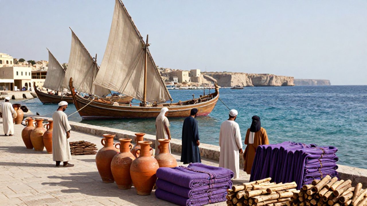 Mercaderes fenicios inspeccionan mercancías como ánforas, textiles de color púrpura y madera de cedro en un puerto costero con barcos mercantes anclados.