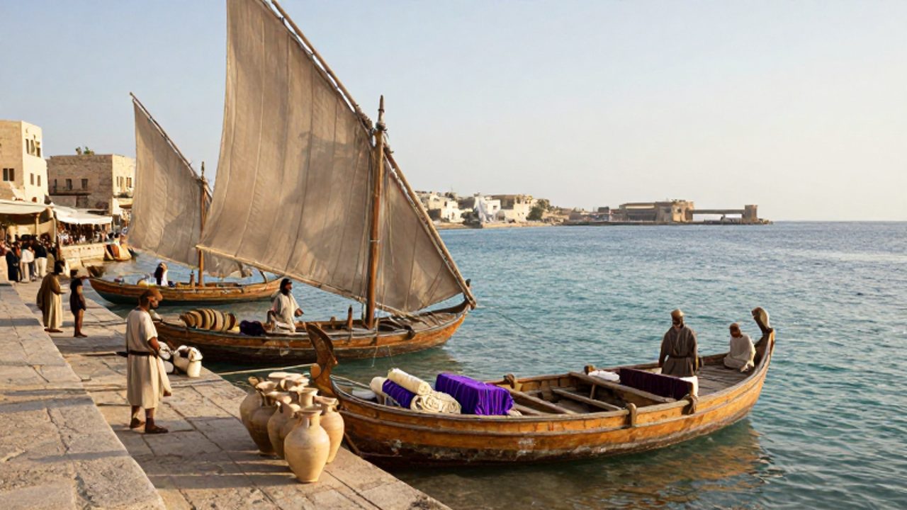 Comerciantes fenicios descargan ánforas, textiles de color púrpura y objetos de marfil desde embarcaciones de madera en un bullicioso puerto costero del Mediterráneo.