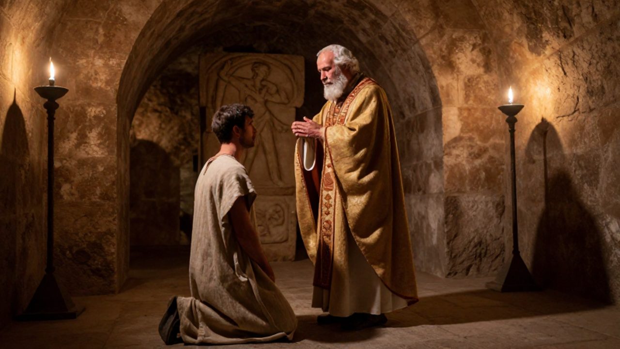 Un iniciado romano se arrodilla ante un sacerdote en una ceremonia dentro de un mitraeo subterráneo de piedra.