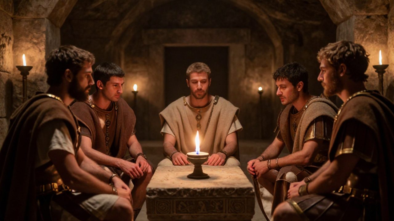 Legionarios y oficiales romanos reunidos en torno a un altar de piedra en un mitraeo subterráneo iluminado por lámparas de aceite.