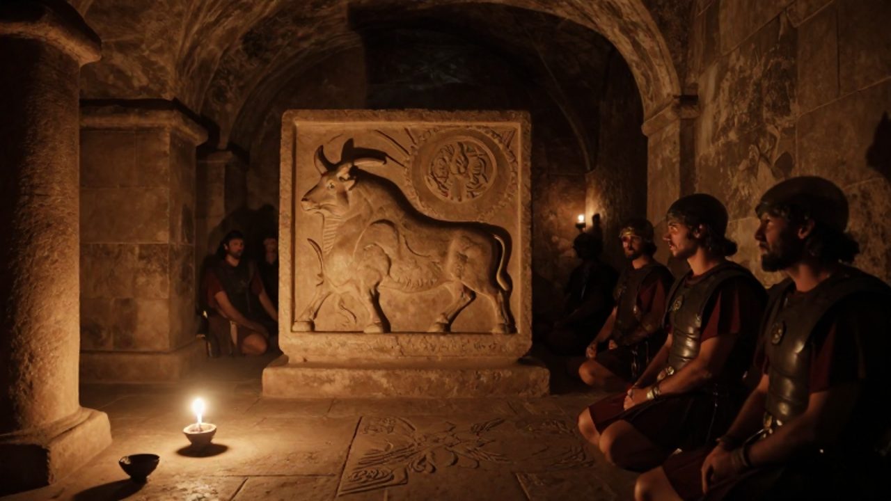 Relieve de piedra de Mitra sacrificando un toro en un santuario subterráneo mientras soldados romanos observan el ritual a la luz de lámparas de aceite.