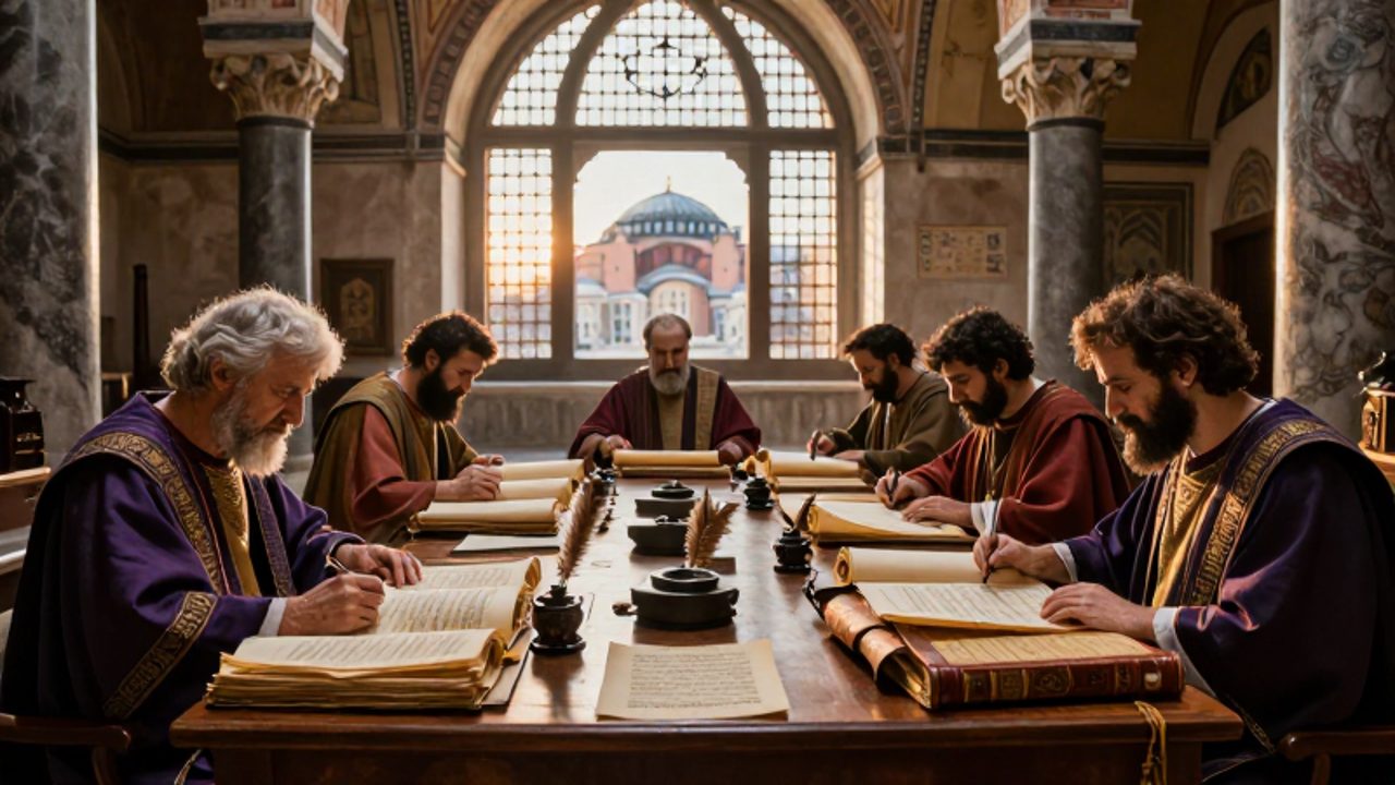 Escribas y eruditos trabajan con pergaminos y códices en un estudio imperial de Constantinopla con la basílica de Santa Sofía al fondo.