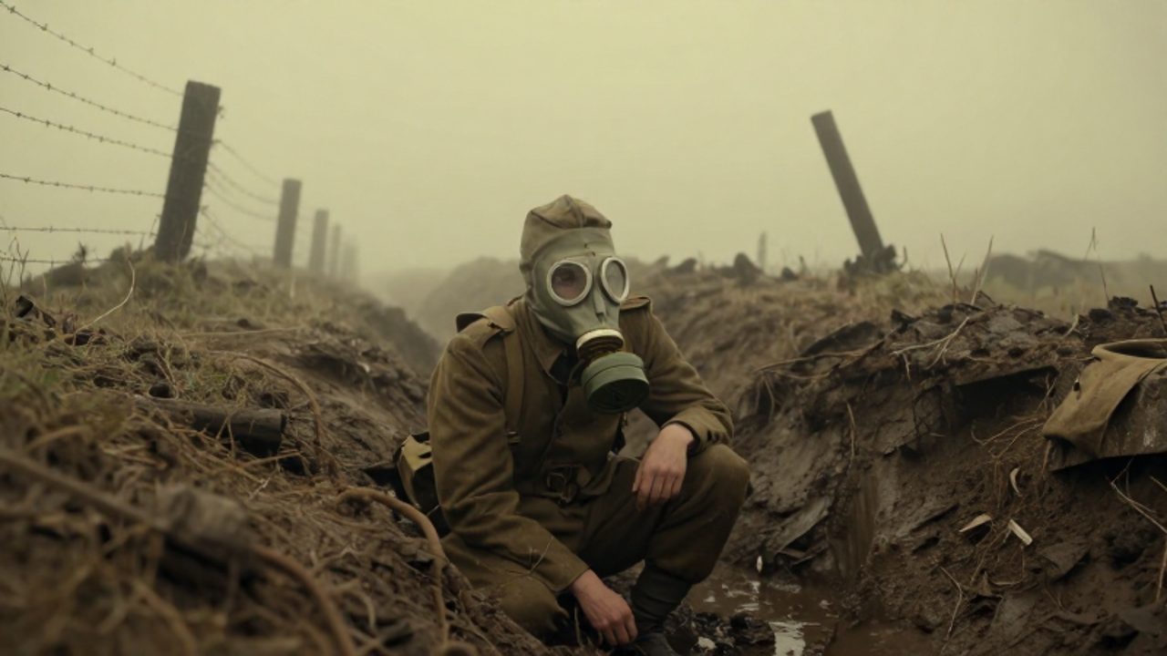 Soldado de la Primera Guerra Mundial con máscara de gas agazapado en una trinchera de barro bajo una densa niebla verdosa en un campo de batalla desolado.