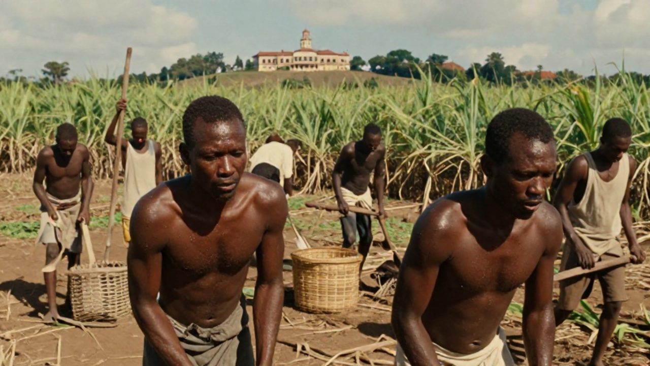 Trabajadores africanos realizan labores físicas extenuantes en un plantío de caña de azúcar bajo un sol intenso, con una mansión colonial al fondo.