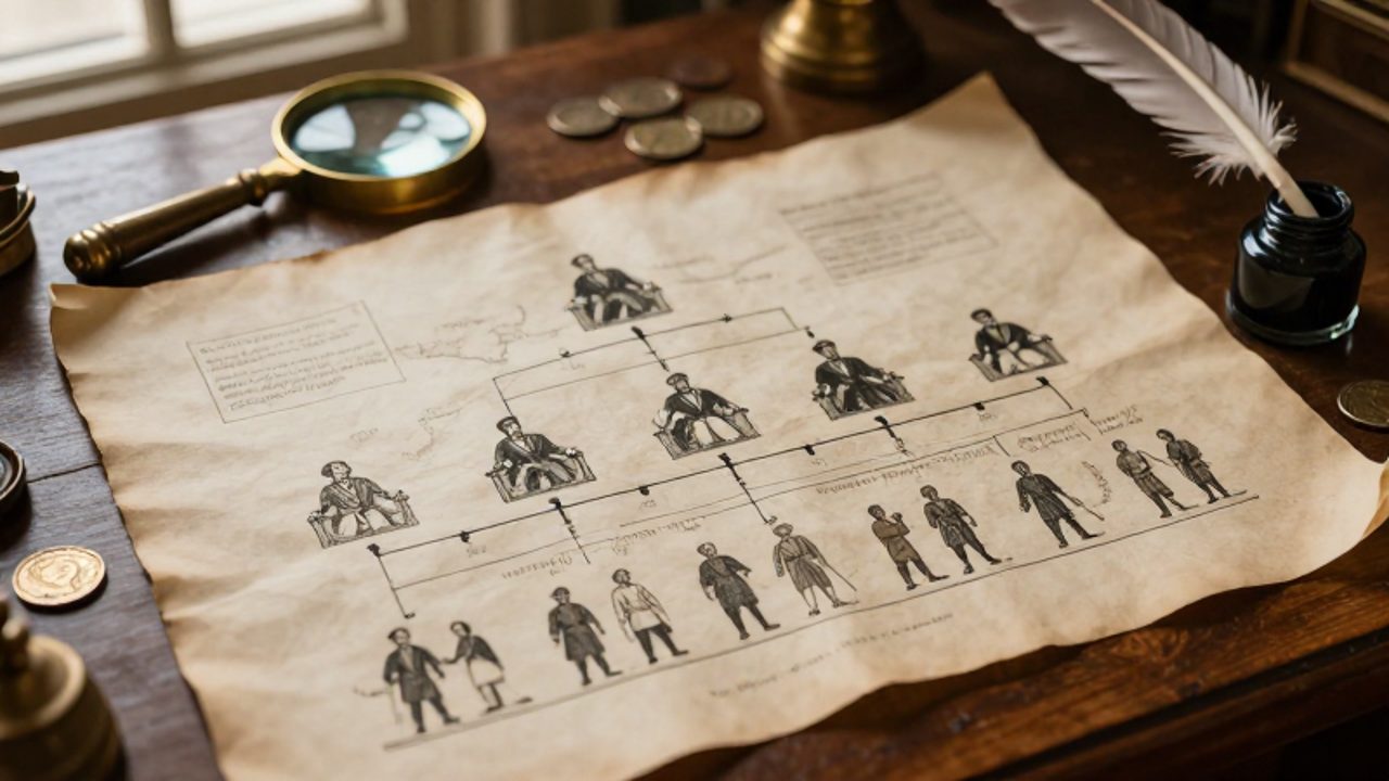 Un pergamino antiguo sobre un escritorio de madera muestra un mapa conceptual con diagramas y siluetas que representan la jerarquía social colonial, acompañado de una lupa y una pluma.
