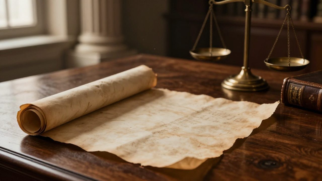 Un pergamino antiguo y un libro jurídico de cuero junto a una balanza de latón sobre un escritorio de madera, con una columna de mármol de fondo.