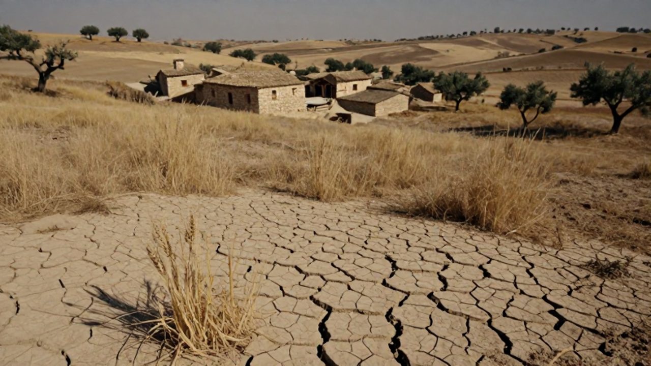 Paisaje de la península ibérica medieval con suelo agrietado, campos de trigo secos y un pequeño asentamiento de campesinos bajo un sol abrasador.