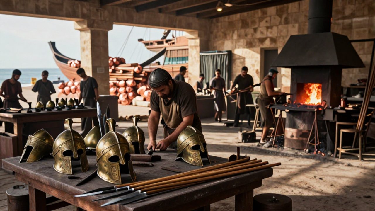 Artesanos griegos trabajan en un taller junto a un astillero, fabricando cascos de bronce y lanzas entre lingotes de cobre y madera para la construcción de naves.