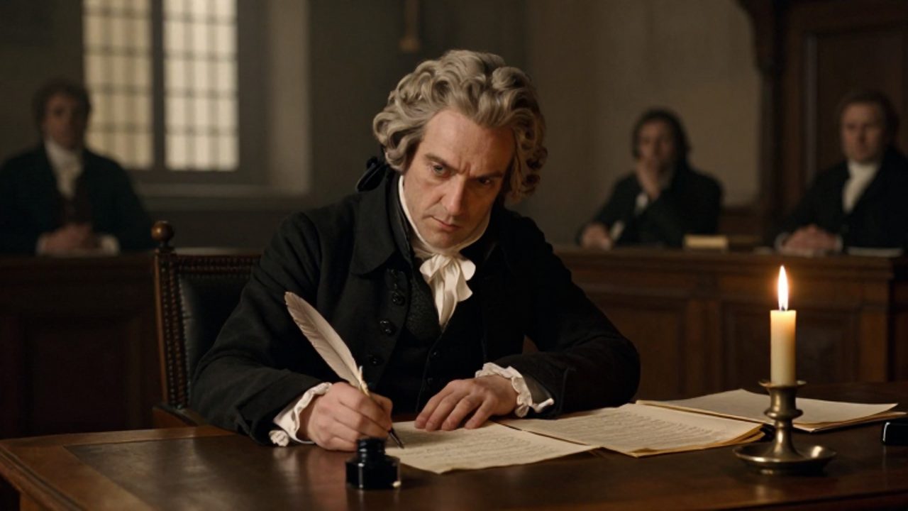 Maximilien Robespierre escribe un decreto con una pluma sobre un escritorio de madera en una sala de asambleas del siglo XVIII.