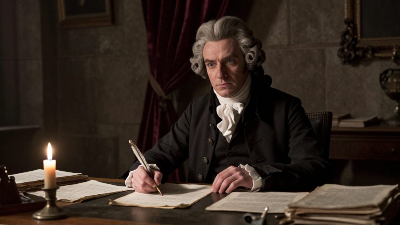 Maximilien Robespierre sentado ante un escritorio con manuscritos y una vela en un despacho austero del siglo XVIII.