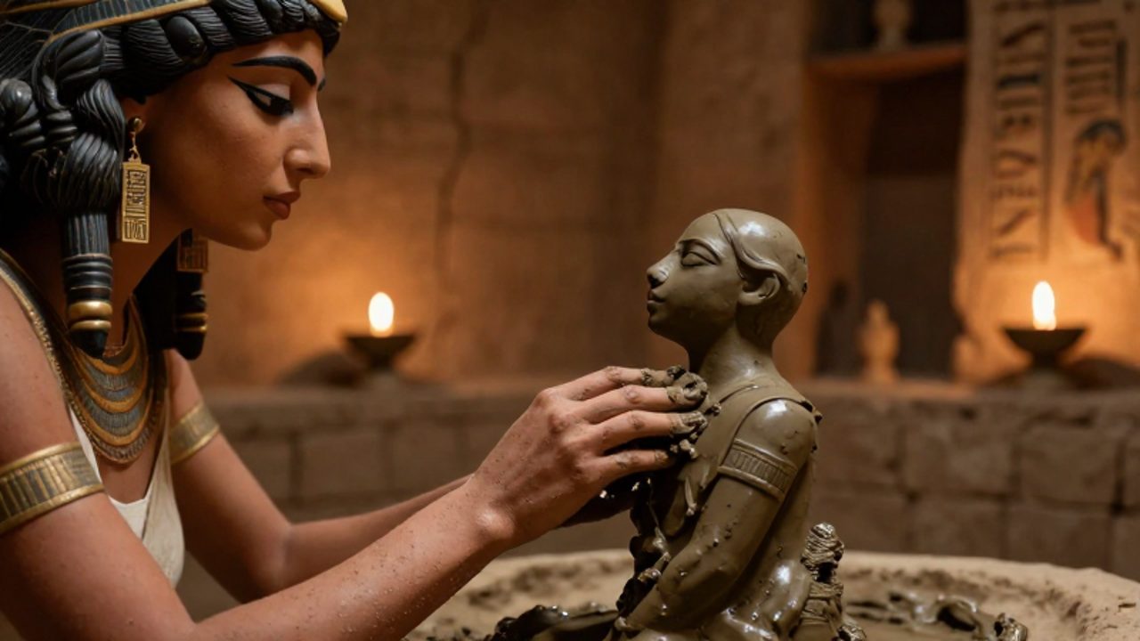 Una diosa sumeria modela una figura humana con barro oscuro en un santuario antiguo iluminado por lámparas de aceite.