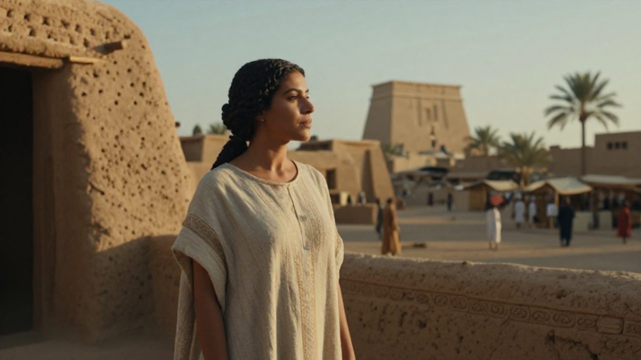 Mujer sumeria vestida con túnicas de lino frente a una vivienda de adobe, con un zigurat y un mercado al fondo bajo la luz del atardecer.