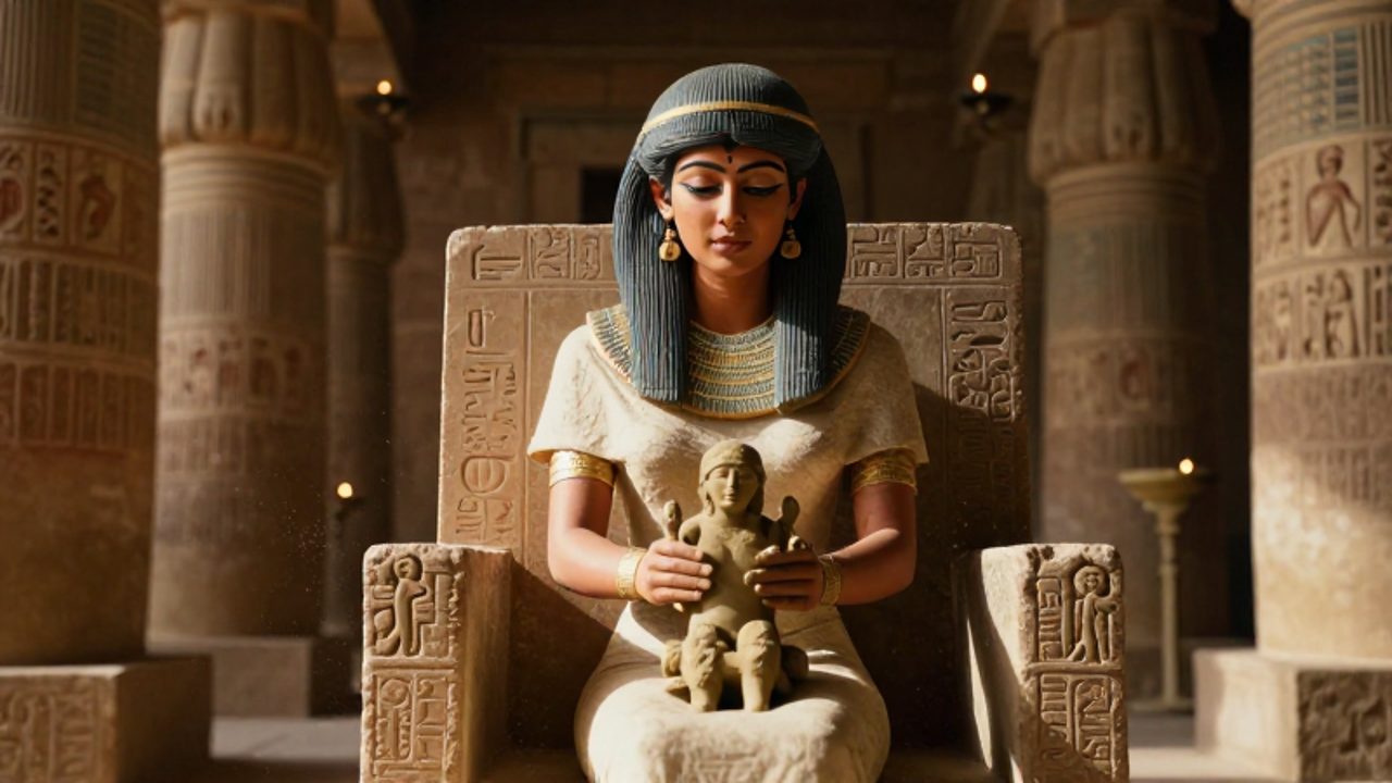 La diosa Ninhursag sentada en un trono de piedra dentro de un templo sumerio, modelando una pequeña figura humana con arcilla.