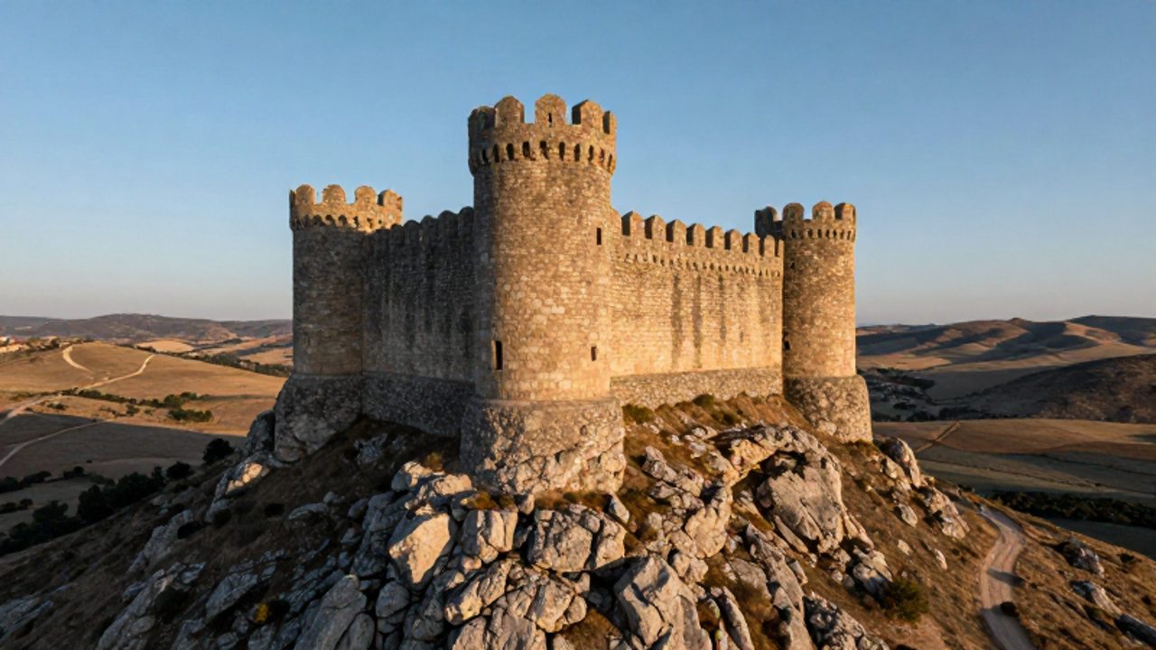 Castillo medieval de piedra situado sobre un risco elevado que domina un extenso valle en las tierras altas de Castilla.