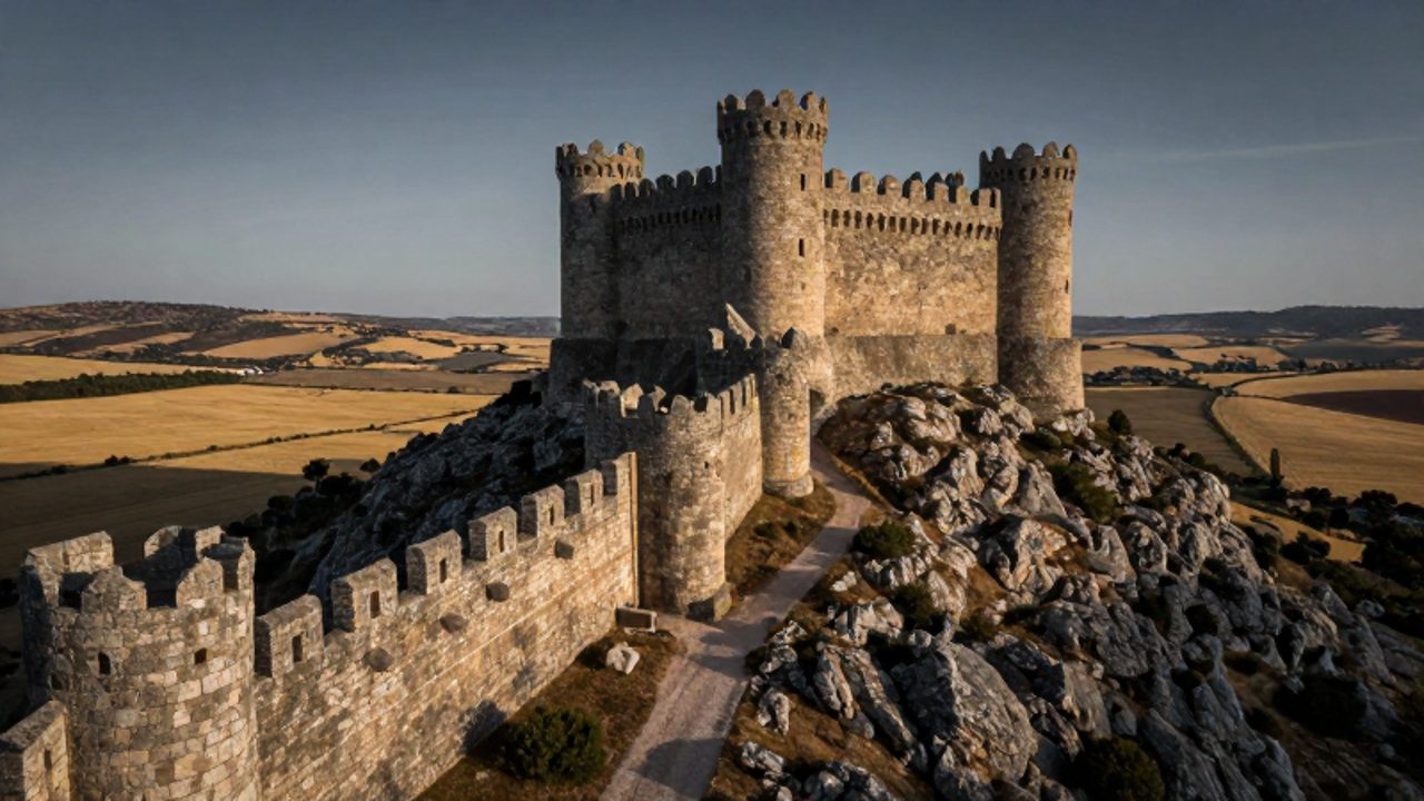 Castillo de piedra con torres cilíndricas situado en la cima de una colina rocosa que domina un valle de campos de trigo.