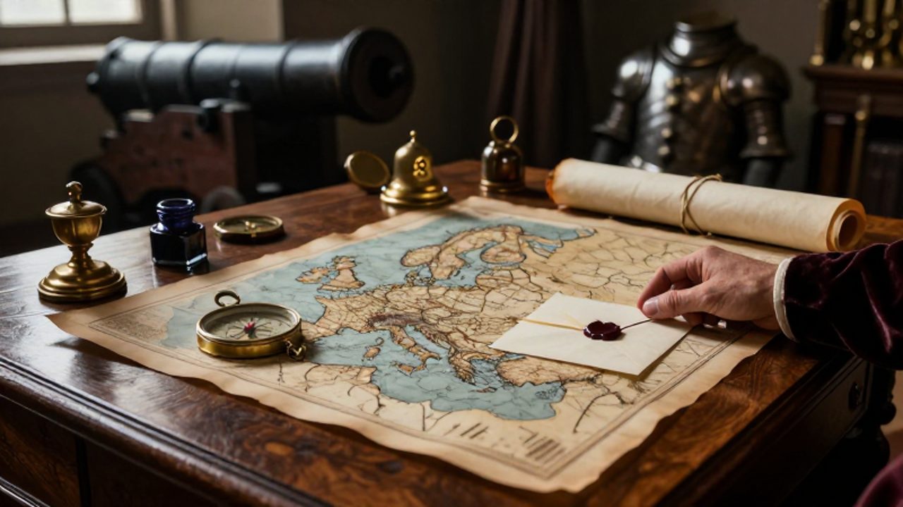 Mapa estratégico de la Europa del siglo XVI sobre un escritorio de roble, junto a una carta con sello de lacre y elementos bélicos desenfocados al fondo.
