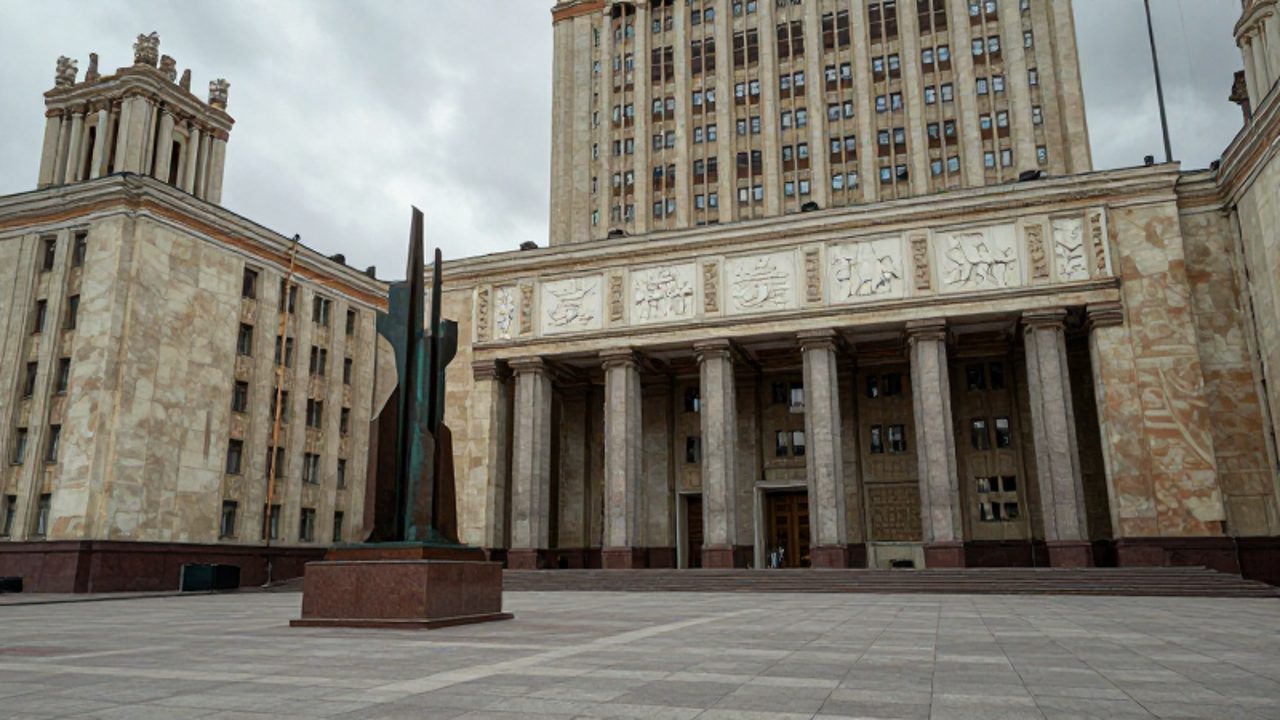Edificio monumental de estilo Art Déco soviético con pilares de granito y relieves industriales que dominan una amplia plaza gris bajo un cielo nublado.
