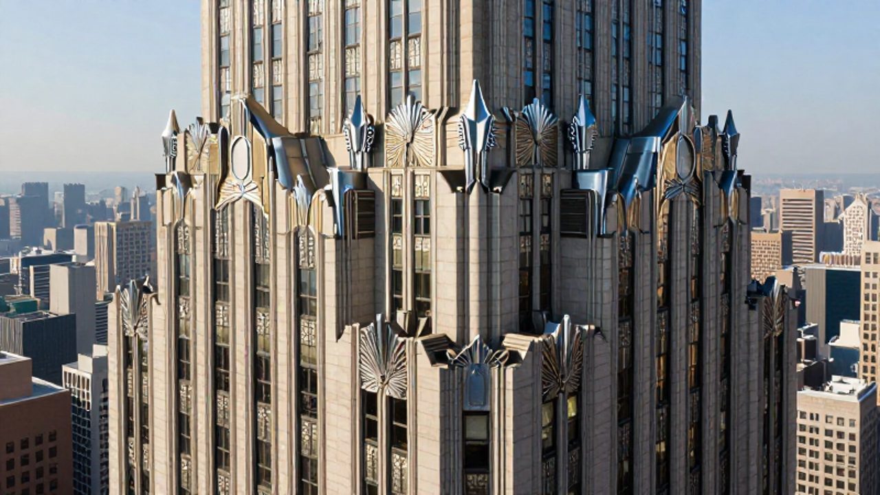 Fachada de un rascacielos de estilo Art Déco con patrones geométricos, motivos de rayos de sol y detalles en cromo bajo la luz del sol.
