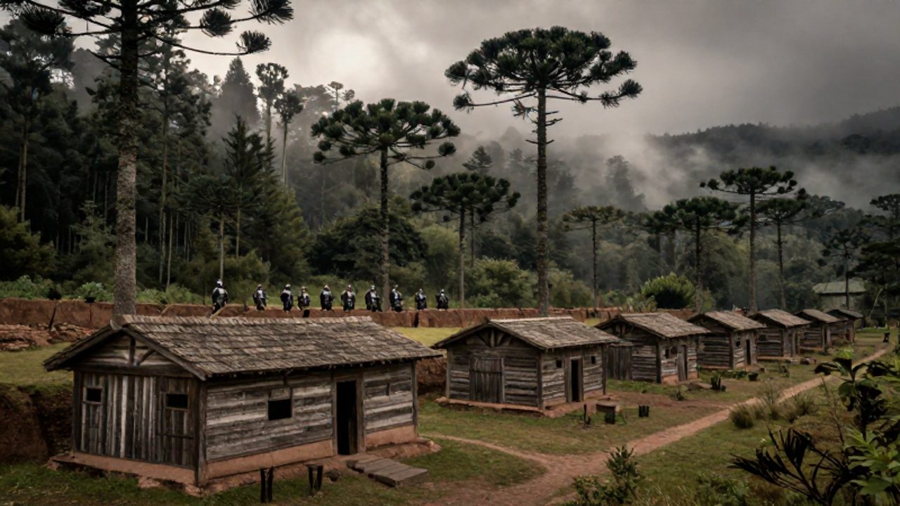 Fortificaciones coloniales de madera frente a un denso bosque de araucarias donde se observa a un grupo de guerreros mapuche vigilando el terreno.