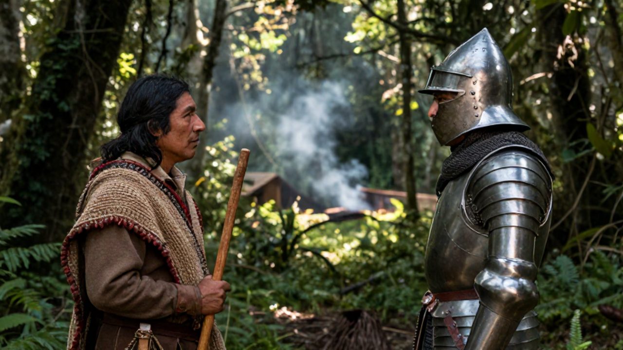 Un líder mapuche con vestimenta tradicional y un oficial español con armadura del siglo XVI se enfrentan en un tenso encuentro en medio de un bosque templado.