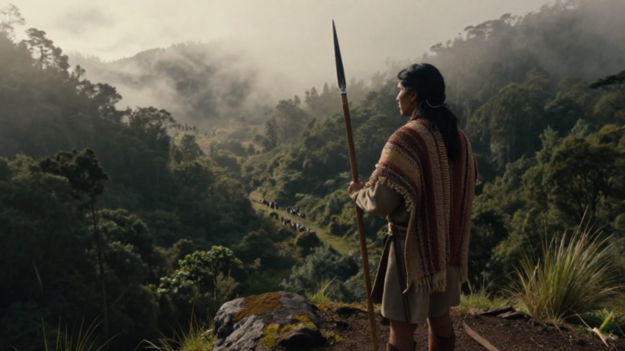 Guerrero mapuche con lanza observa desde una cresta con niebla un valle boscoso donde se distinguen siluetas de una patrulla de caballería española a lo lejos.
