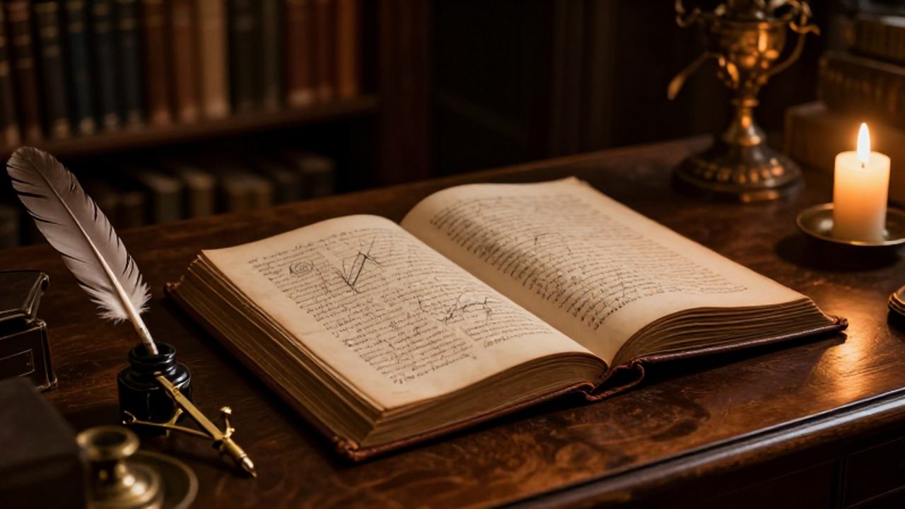 Escritorio de un erudito del siglo XVIII con un libro abierto, una pluma y un compás de latón iluminados por una vela sobre una mesa de madera.