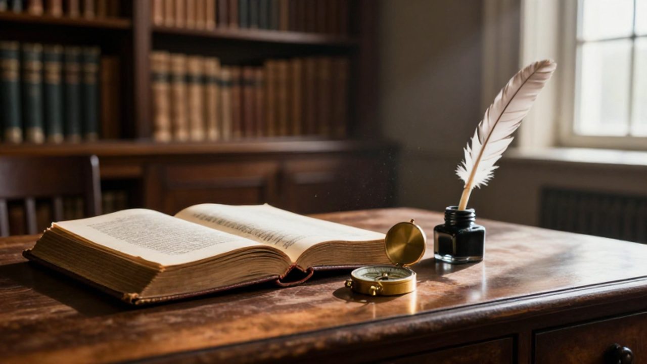 Un tratado de filosofía antiguo abierto sobre un escritorio de madera, acompañado de una brújula de latón y una pluma, en una biblioteca clásica iluminada por la luz del sol.