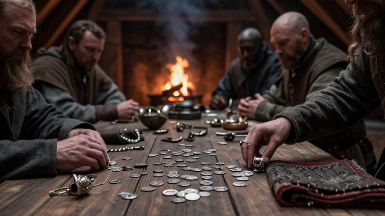 Un líder vikingo examina monedas de plata y objetos de metal en una mesa de madera dentro de un salón nórdico.